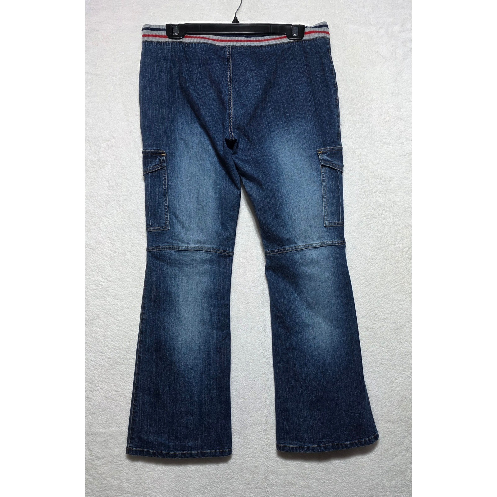 First Line Los Angeles Cargo Flare Jeans Dark Wash Knit Waist Size 15 Y2K Style
