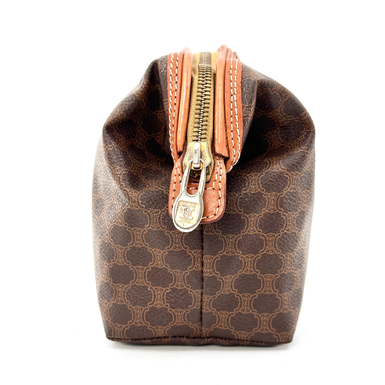 CELINE Macadam PVC Leather Cosmetic Pouch Vanity Brown Gold Auth