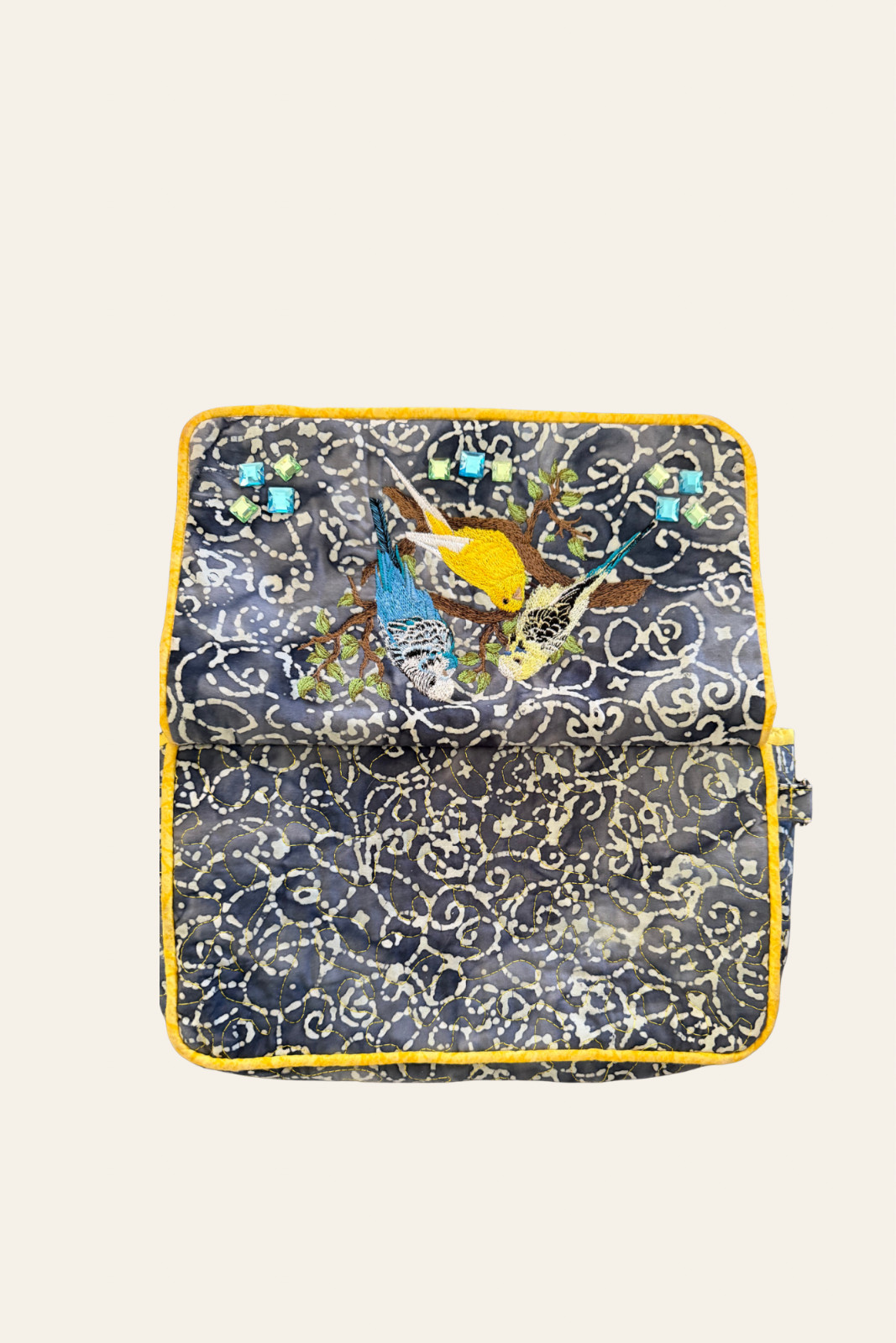 Embroidered Bird Batik Quilted Clutch