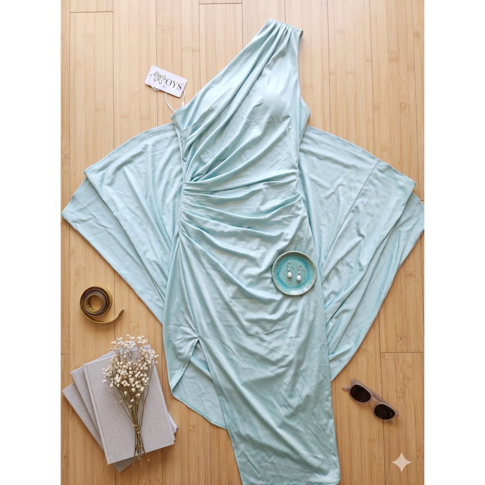 OYS One Shoulder Maxi Dress Womens Aqua Blue New Ruched High Slit Formal Gown