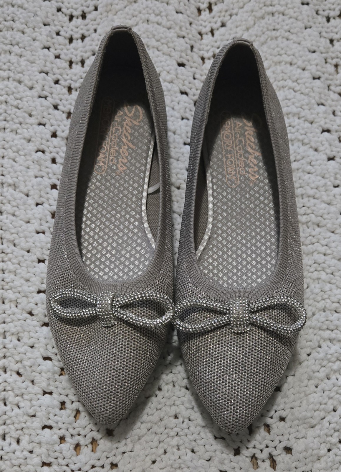 Skechers Cleo Point Recycled Sparkle Knit Bow Flats Sz 7 Glitzy Haze Taupe NEW