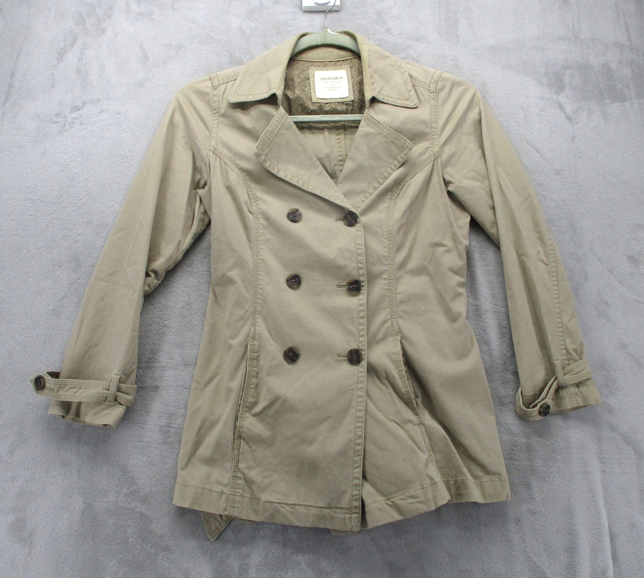 Sonoma Trench Coat Jacket Womens Small Tan Double Breasted Belted Spring Classic
