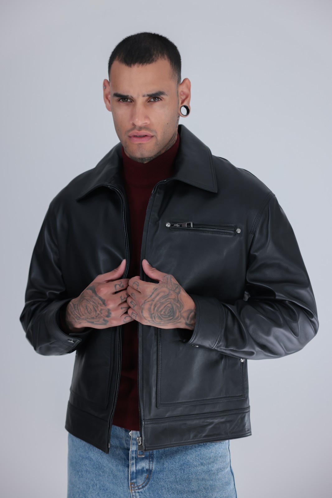 Men’s Genuine Leather Cafe Racer Jacket Black Zip Point Collar 25″ – 65cm