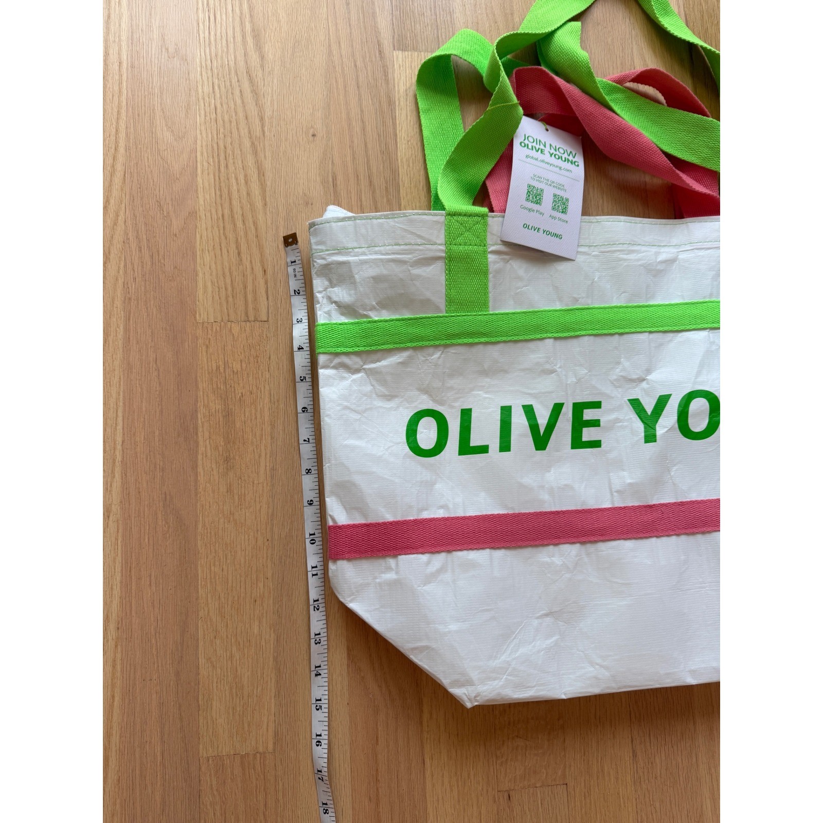 NWT OLIVE YOUNG Reusable Zipper Tote Bag Unisex White Green Pink Large OS