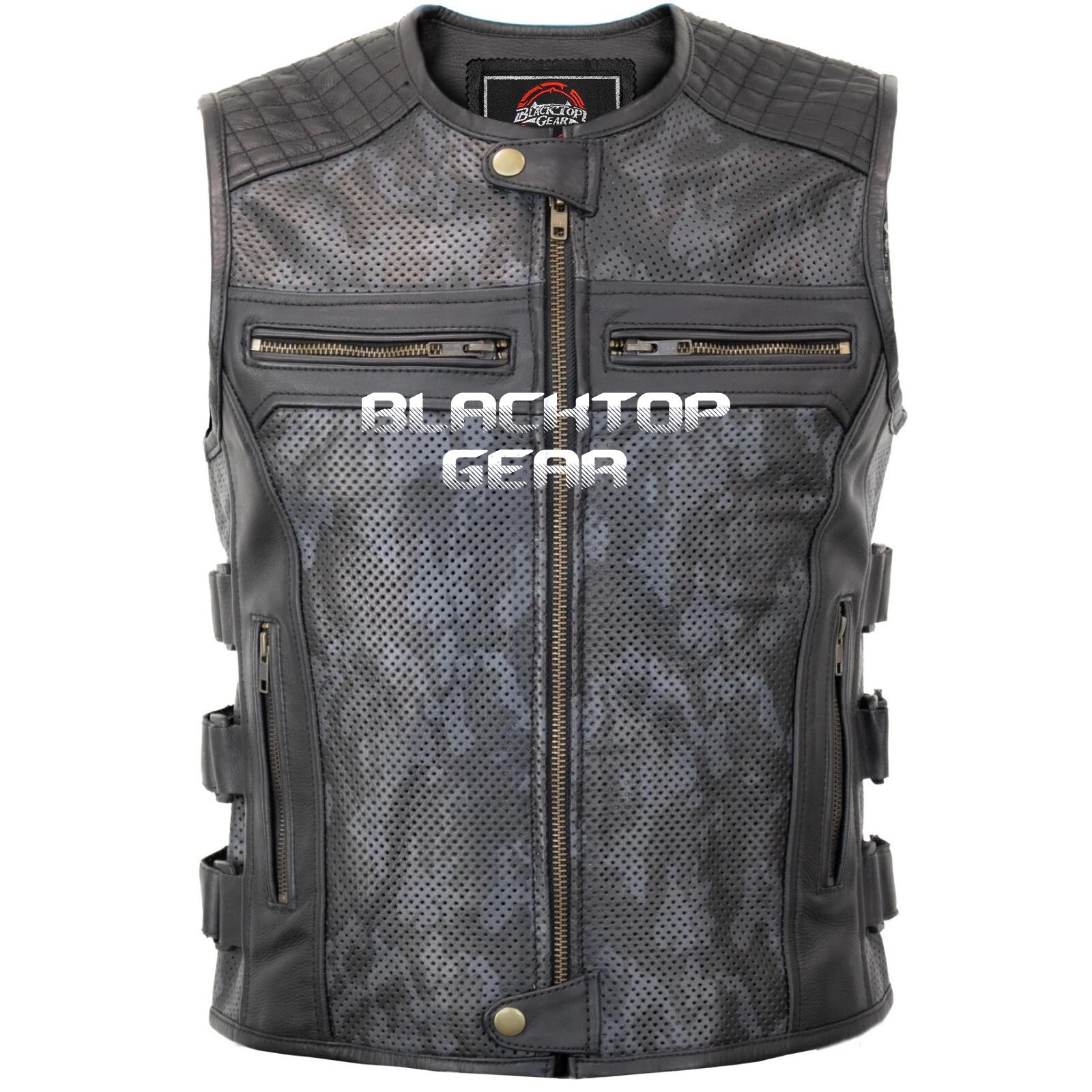 Gray Camo Leather Biker Vest Perforated, Adjustable Buckles Motorcycle Waistcoat