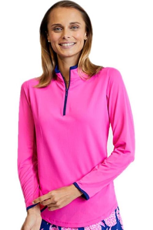 NWT Ladies G LIFESTYLE HOT PINK & TRUE NAVY Long Sleeve Mock Golf Shirt S M L XL