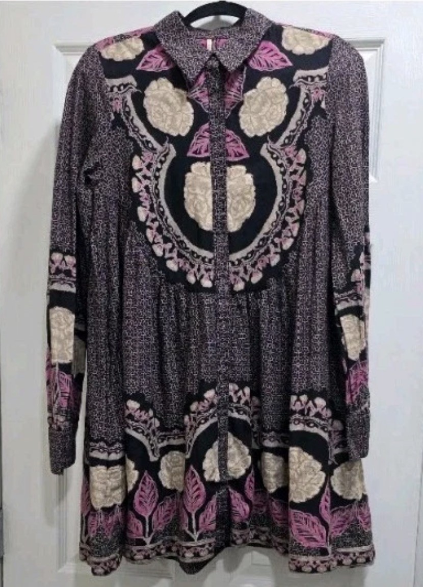 Free People Boho Floral Babydoll Smell The Roses Black Multi Minidress small