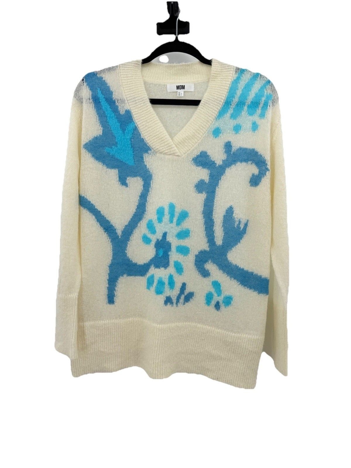 MD’M Ivory Sweater Size Med Knit Turquoise Flower V Neck Mohair Blend