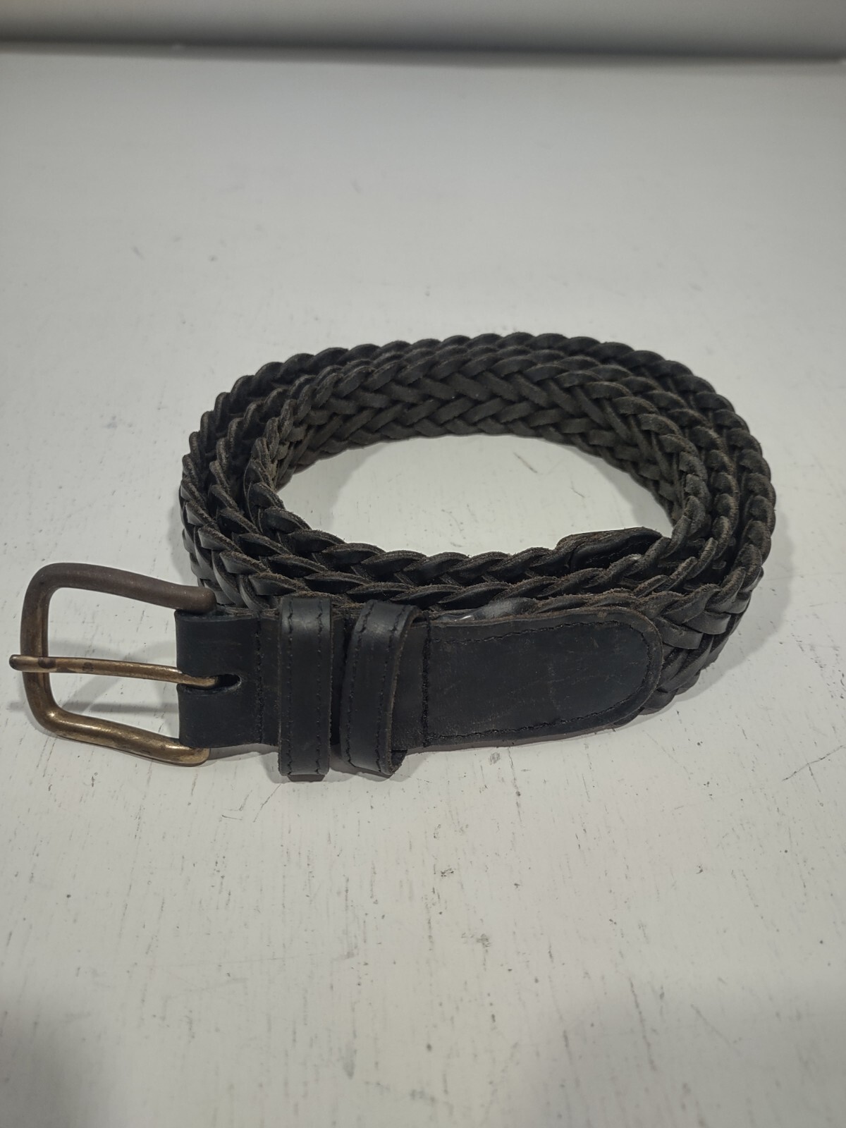 Black Leather Woven Belt Size 42″ / 105cm Brass Buckle Made in Argentina