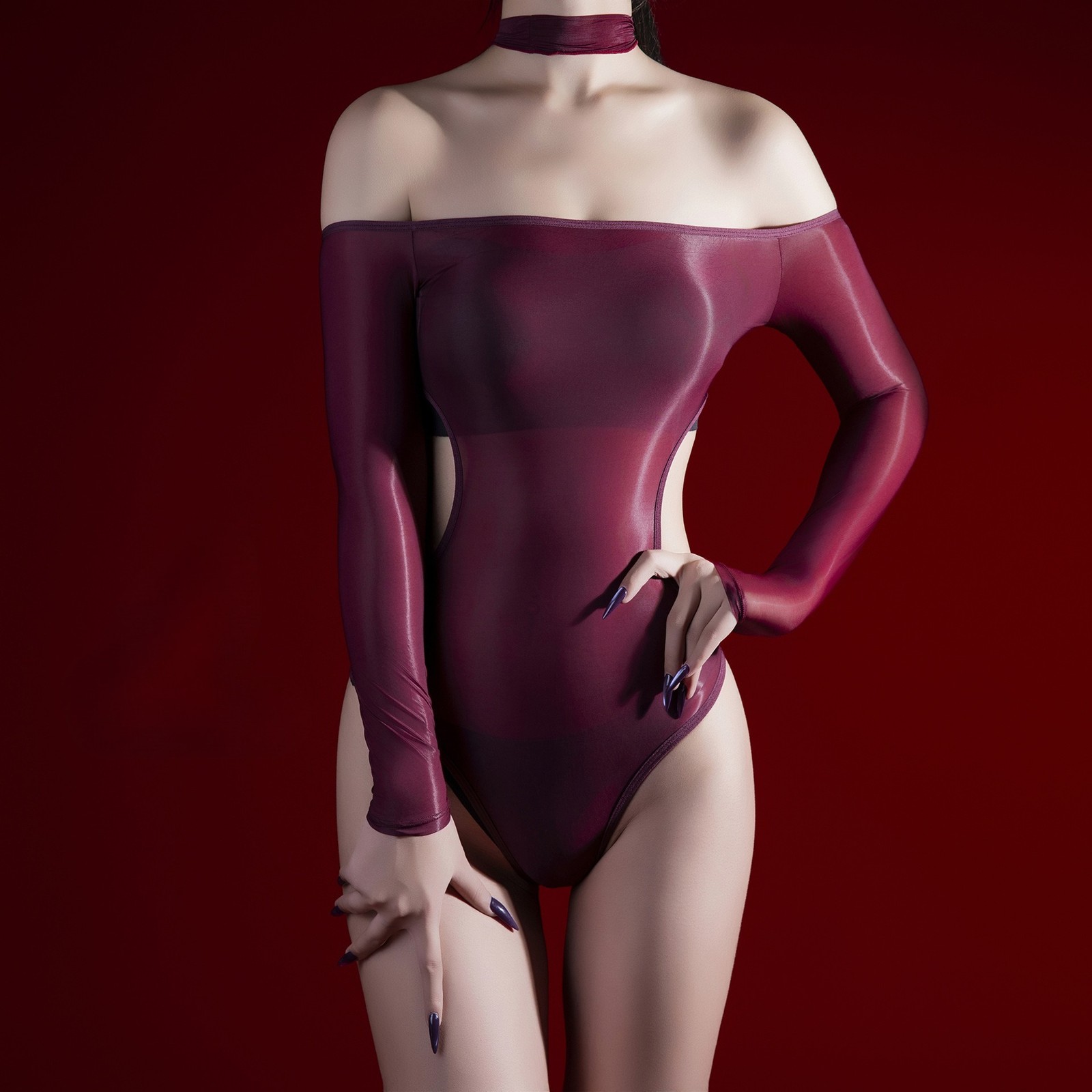 Oil Glossy Shiny Halter Off Shoulder Bodysuit High Cut Nylon Backless Leotard