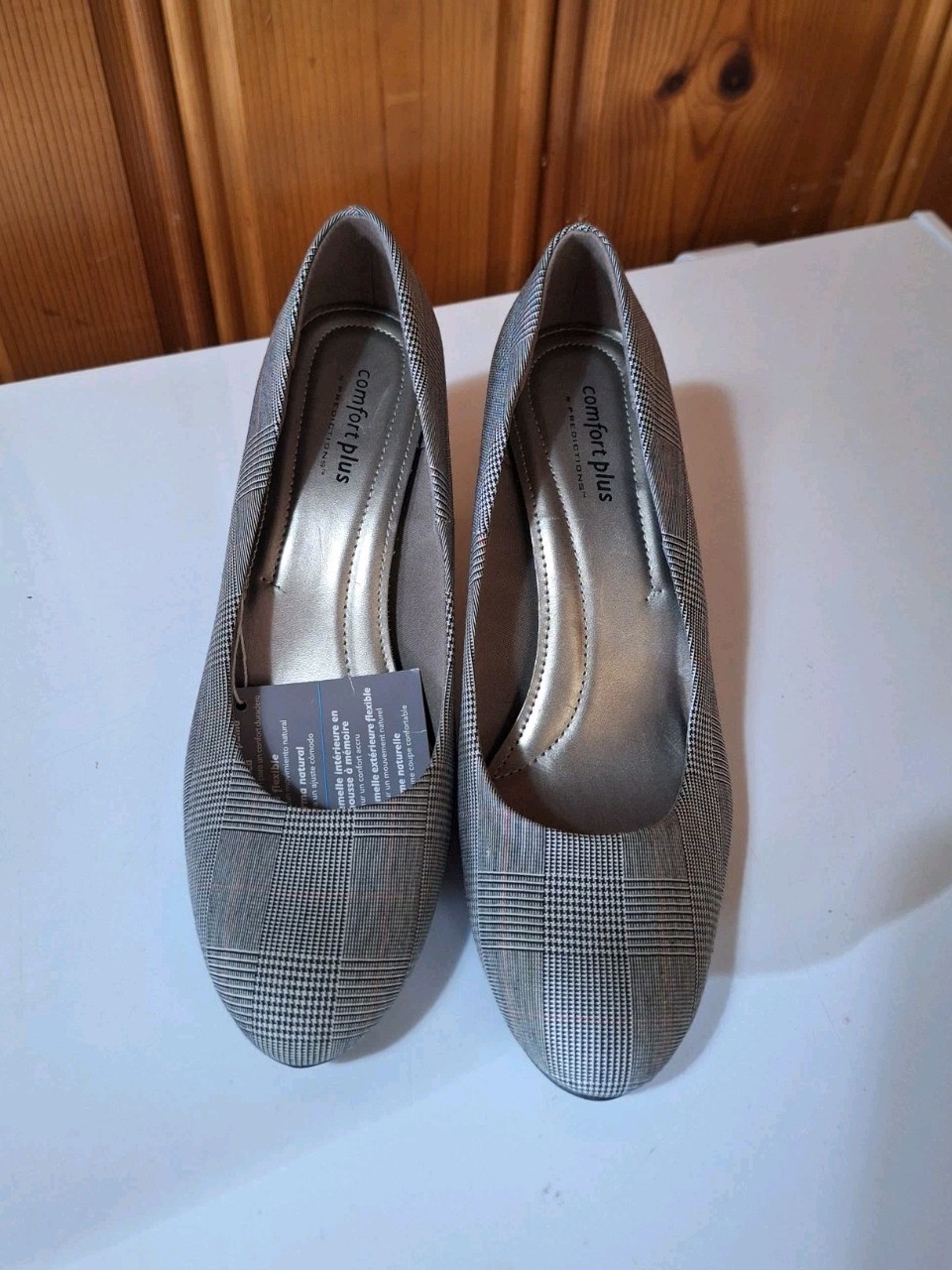 Comfort Plus Predictions Shoes Heel Gray Black Plaid 8W Pump Slip 3″ Flexible