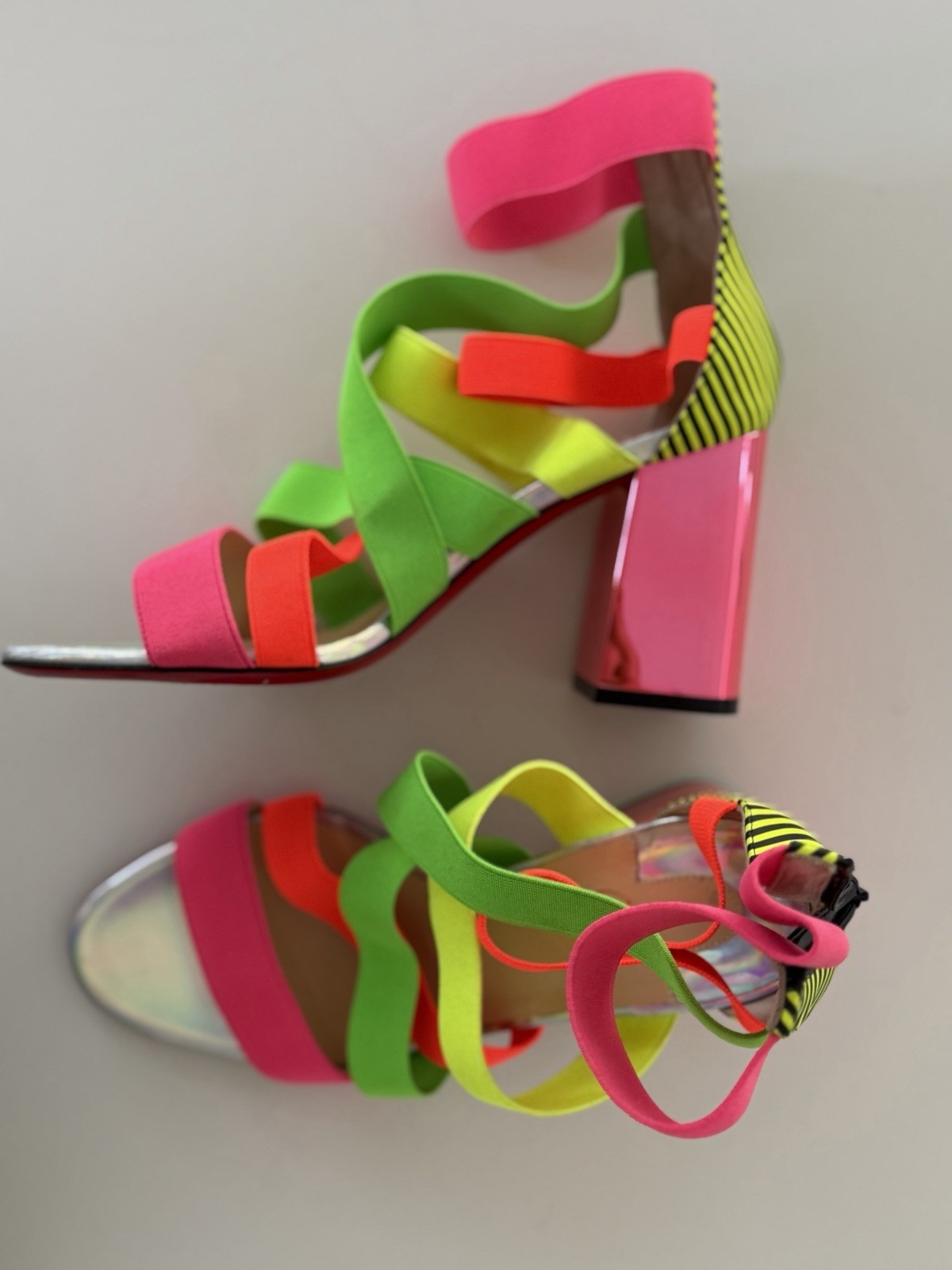 Christian Louboutin Neon Multicolor Striped Strappy Open Toe Block Heel Sandals