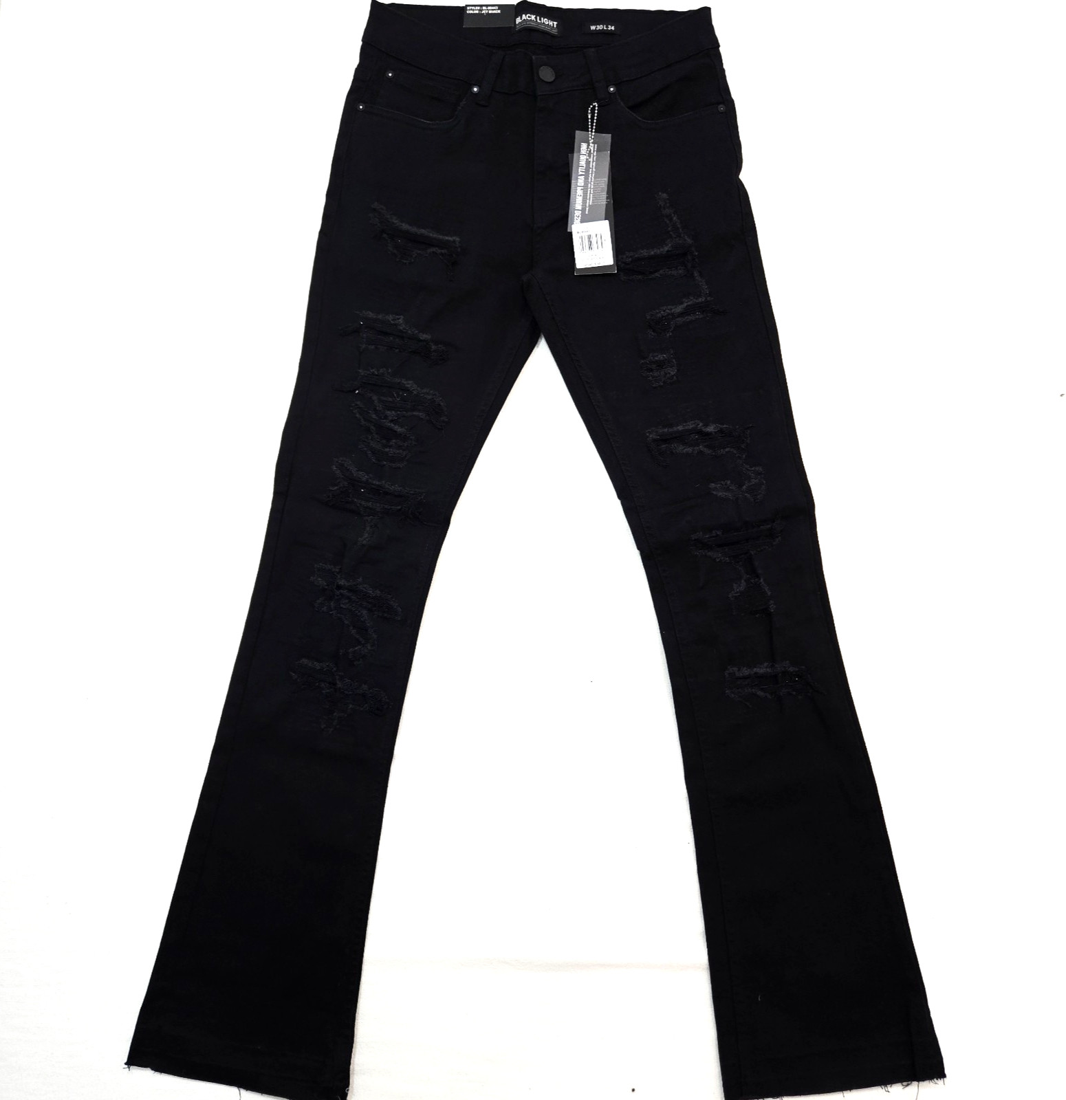 Black Light Men Jean Stretch Slim Straight Flare Fit Jet Black Denim Rhinestone