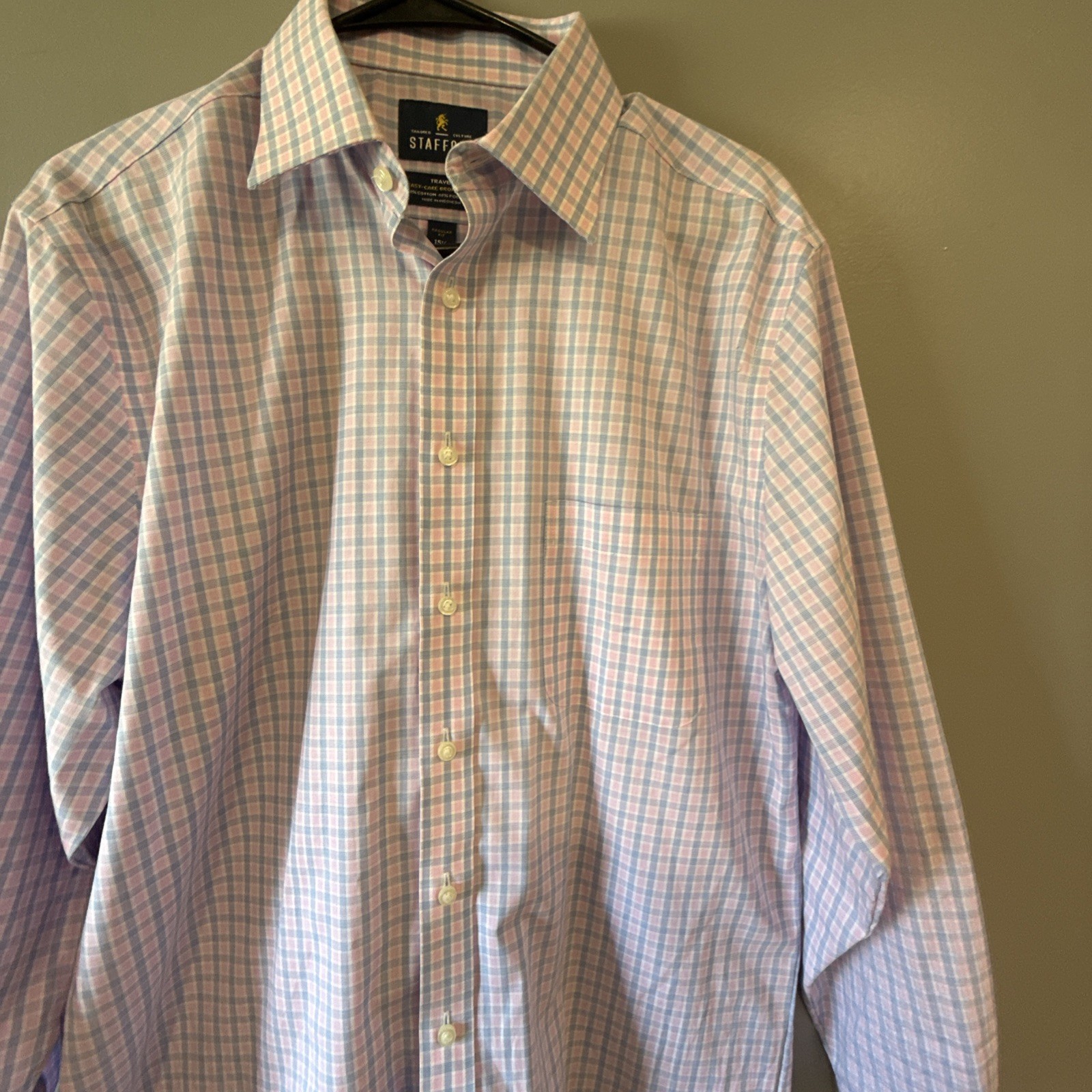 Stafford Travel Easy Care Stretch Pink/Blue Check Dress Shirt 15.5 32-33