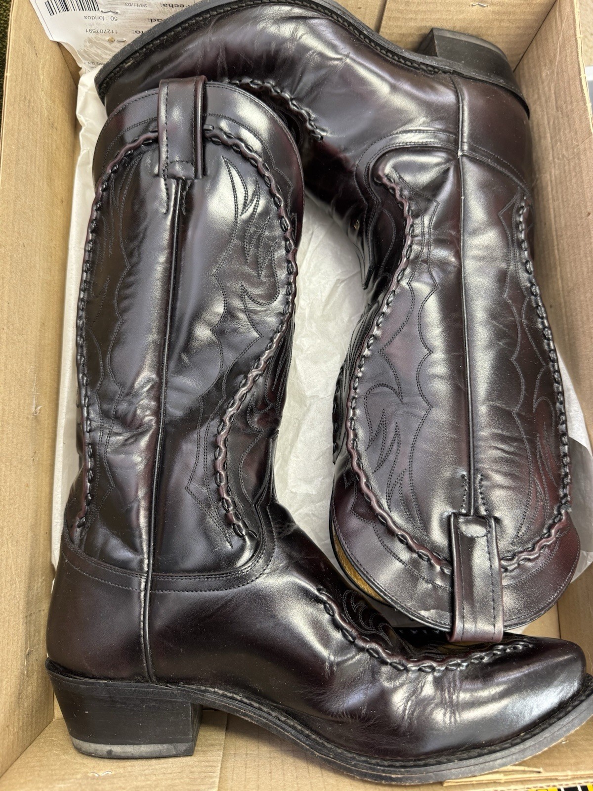 Dan Post 8.5 EW Vintage Black Cherry Braided Laced Leather Cowboy Boots