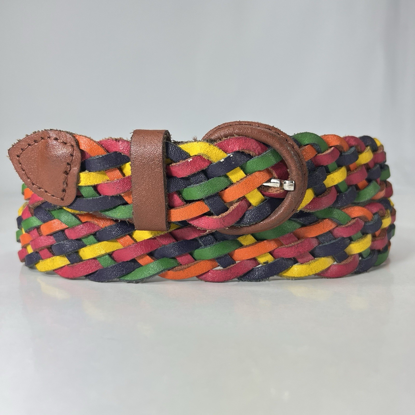Colorful Worn Leather Braided Belt – Women’s Size 34