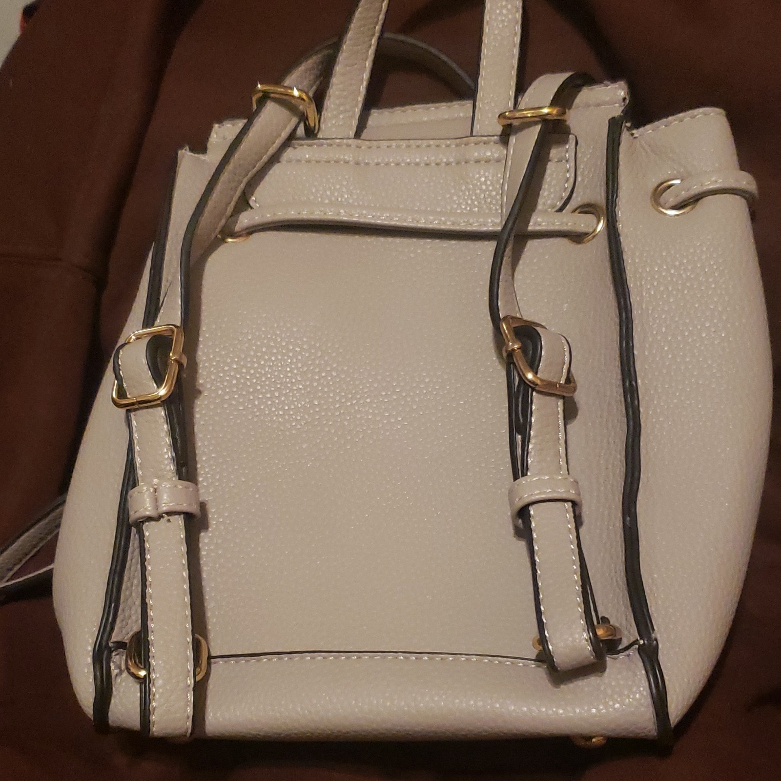 Beige Small Mini Backpack Purse Pebbled Chevron Drawstring Turn Lock Gold