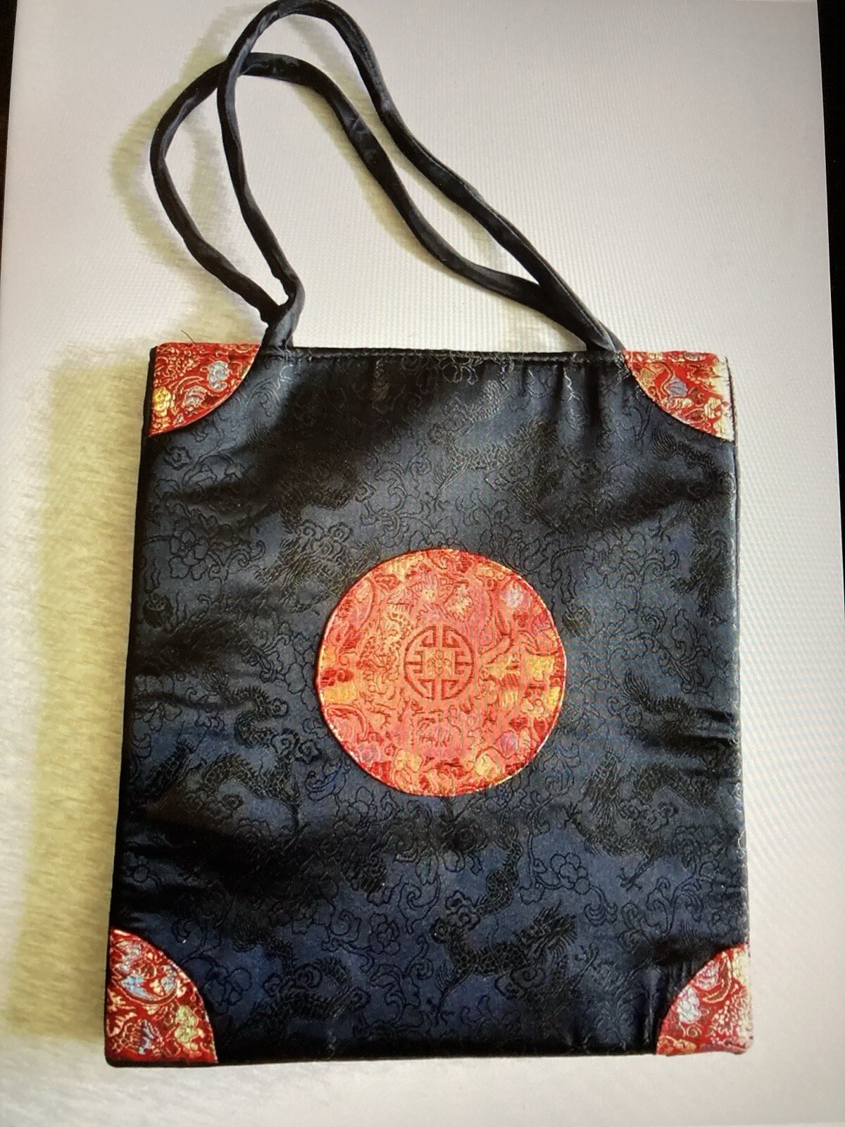 Oriental Tote Handbag Silk Embroidered Red On Black Asian Style