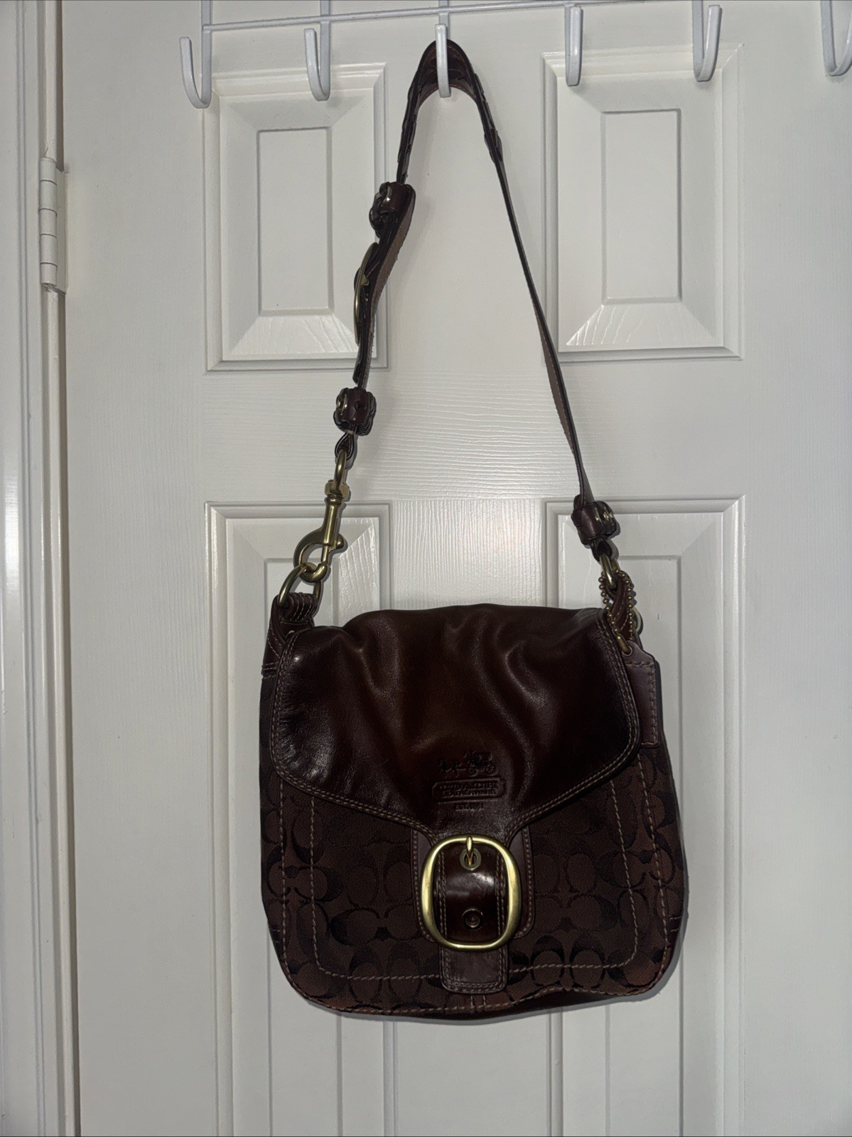 Coach BLEEKER Signature Brown Canvas & Leather Flap Shoulder Bag 11434