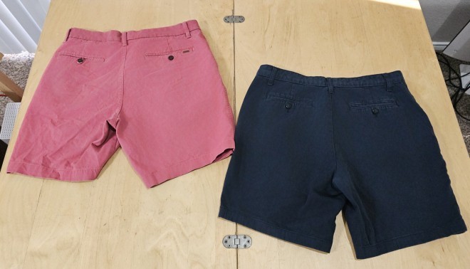 2 Men’s Classic Flat Front Chino Shorts. 34W, 1 Red, 1 Blue