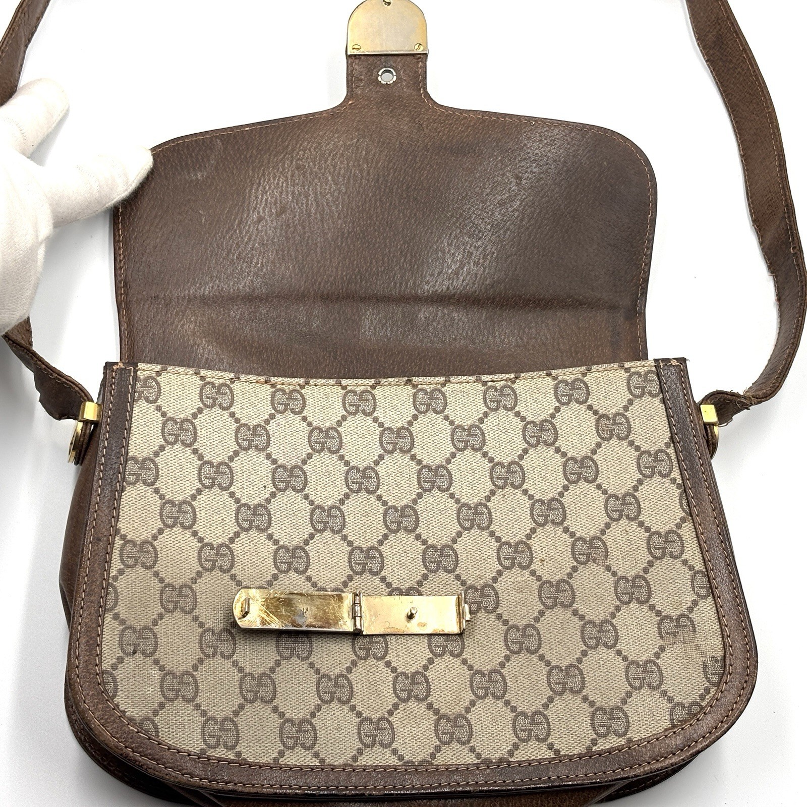 Vintage Gucci Shoulder Bag purse Sherry GG Supreme PVC Leather Brown Authentic