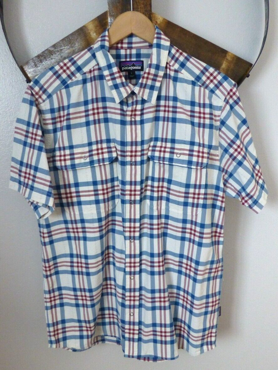 Men’s Patagonia Snap Front S/Sleeve Nylon Blend Multicolor Plaid Shirt Size L