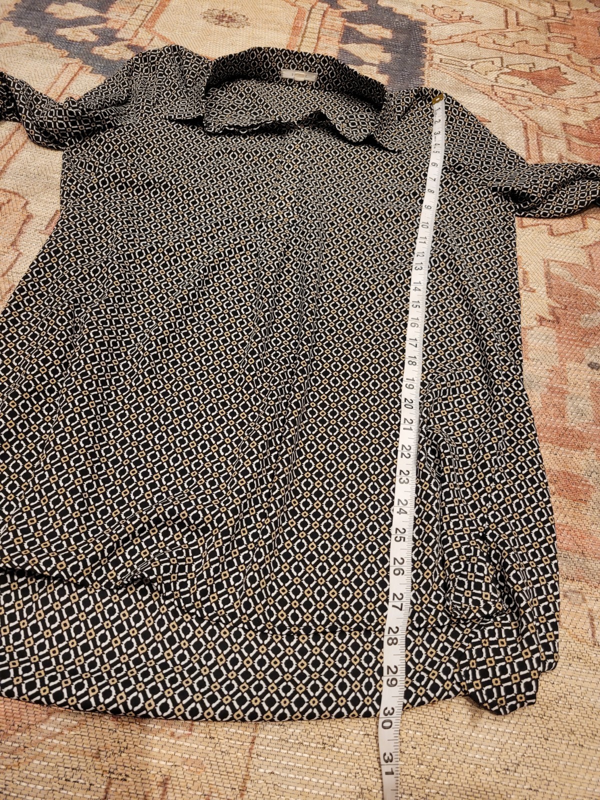 Pleione Black Print Tunic Top Medium Rolled Sleeves