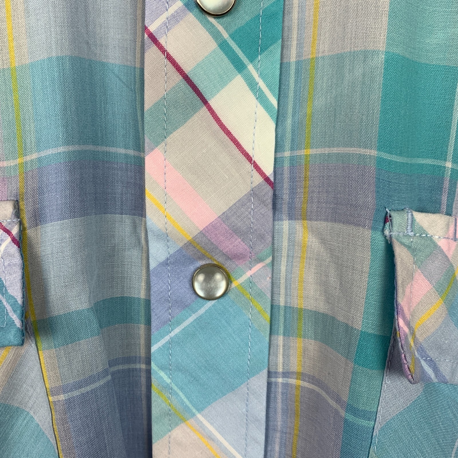 Vintage 80s Plainsman Blue Purple Plaid Western Pearl Snap Short Sleeve Shirt L