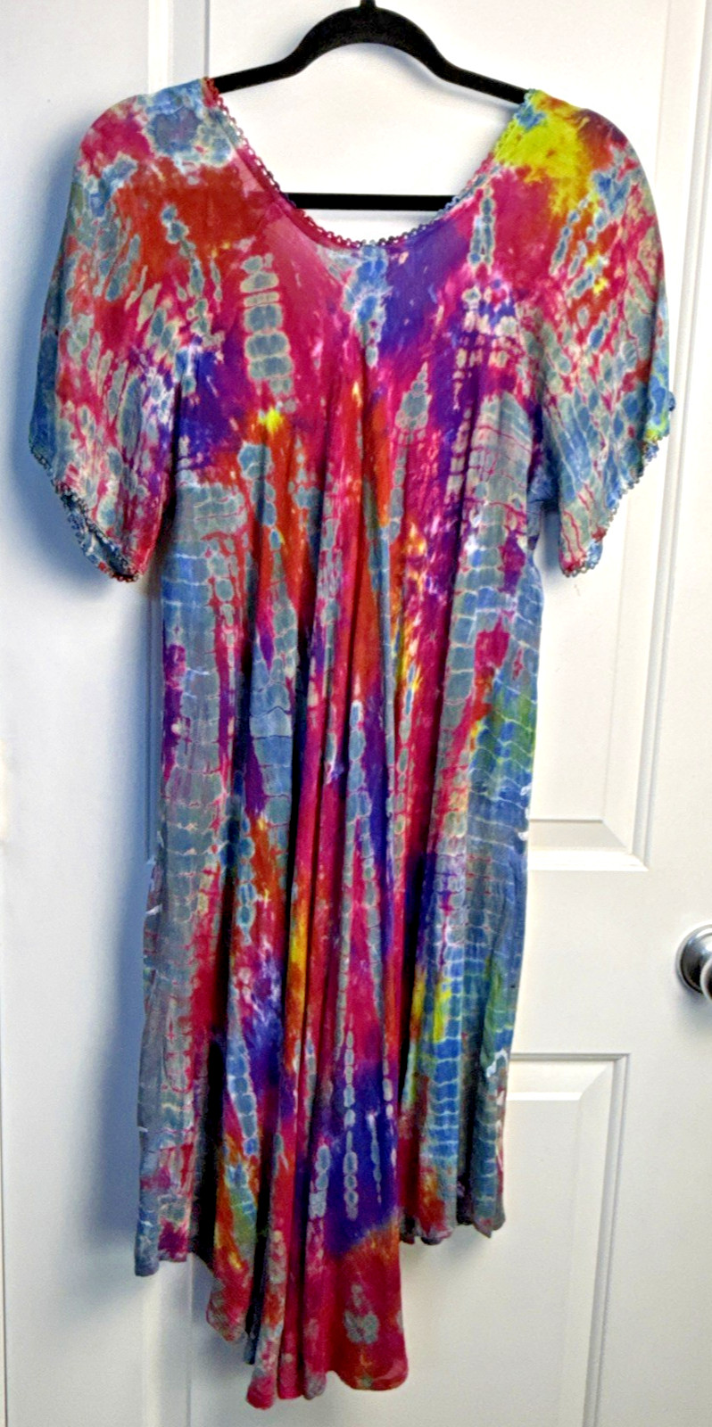 India Boutique Womens Dress Boho Flowy Coverup OS Tie‑Dye Paint Floral Lace Trim