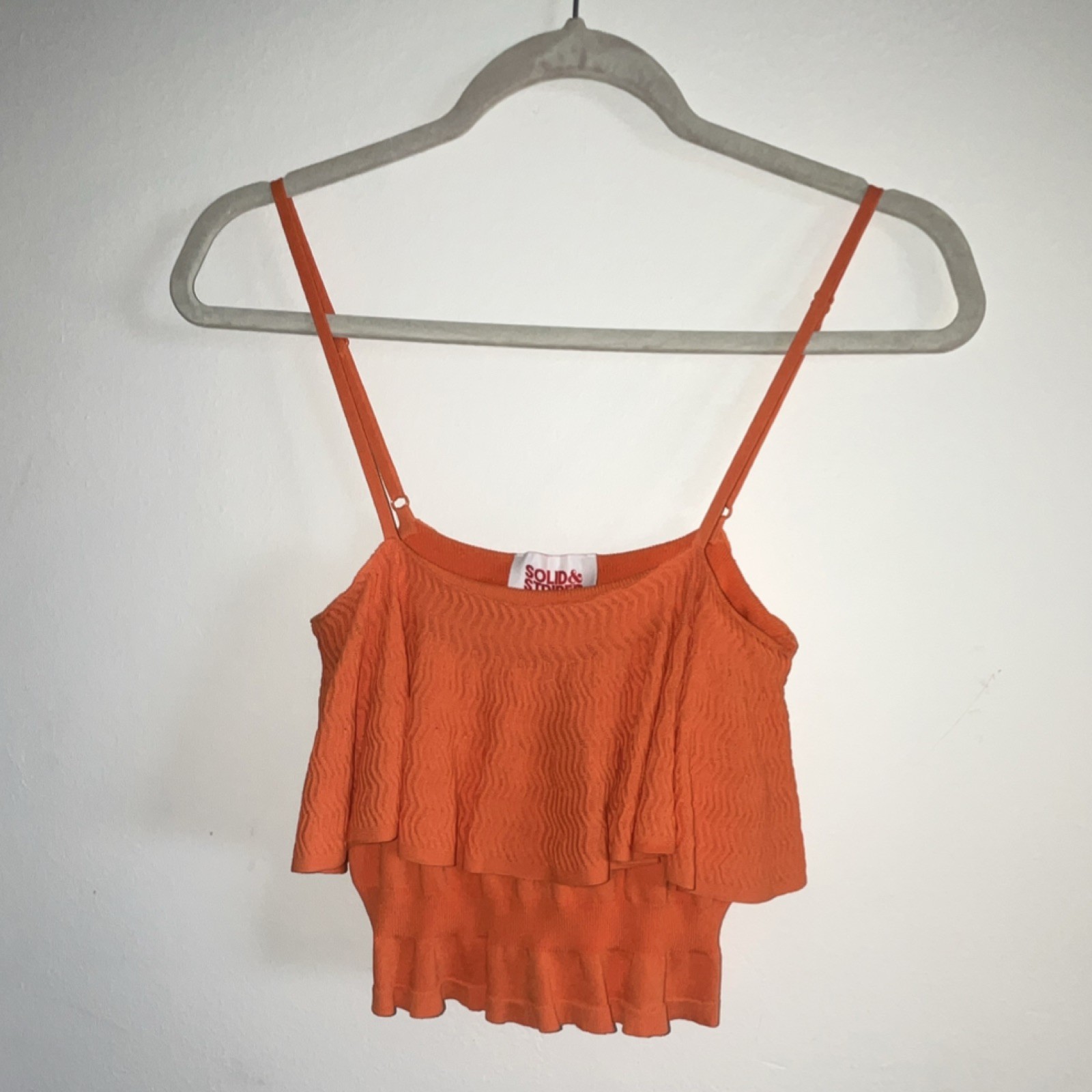 Solids Orange Knit Square Neck Spaghetti Strap Ruffle Cropped Tank Top