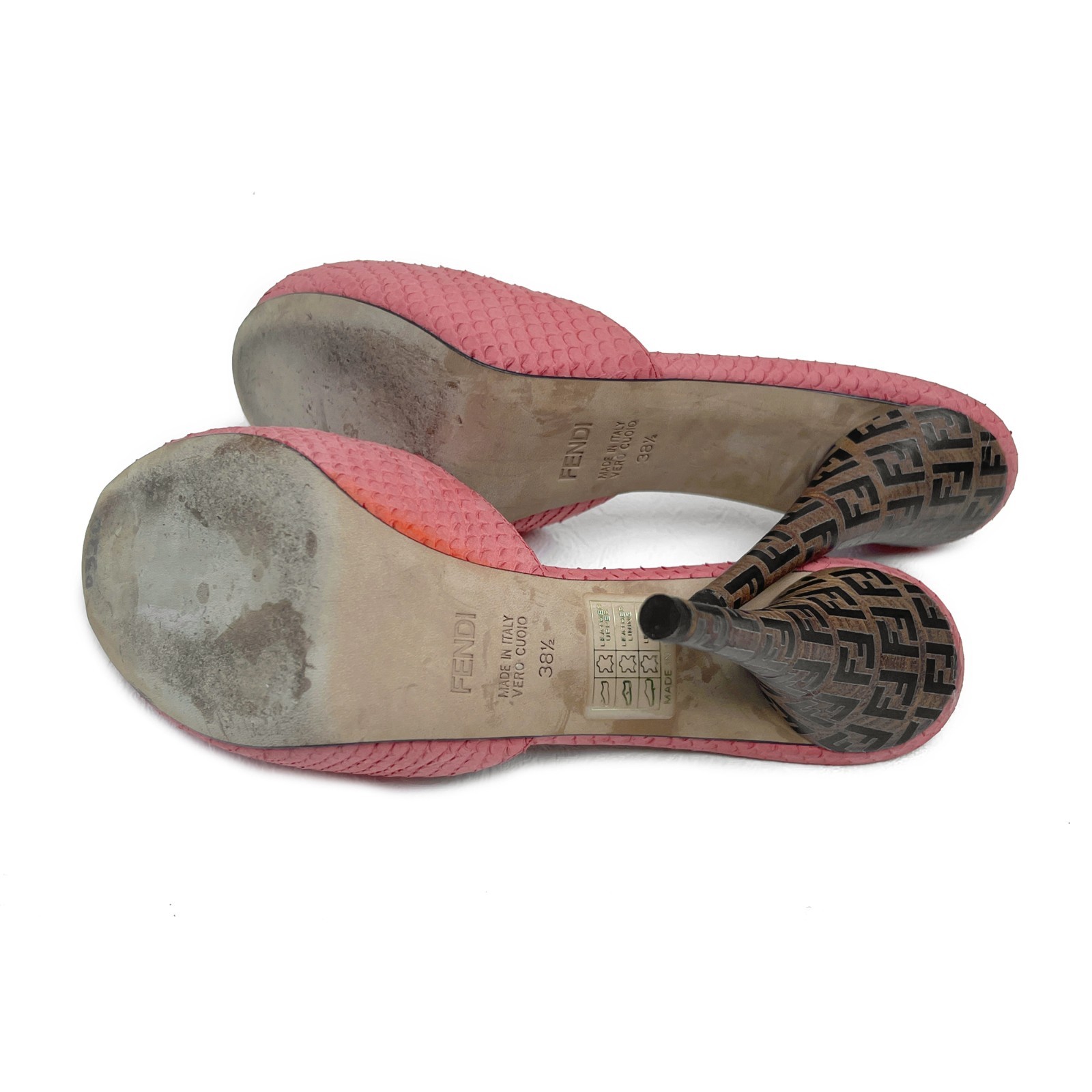 Fendi Zucca Print Heel Coral Pink Snakeskin Peep Toe Mules US: 8,5 / EUR: 38,5