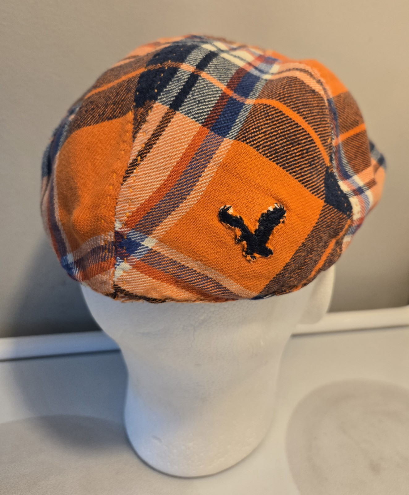 Upcycled Custom Newsboy American Eagle Orange Flannel Cap Size S/M