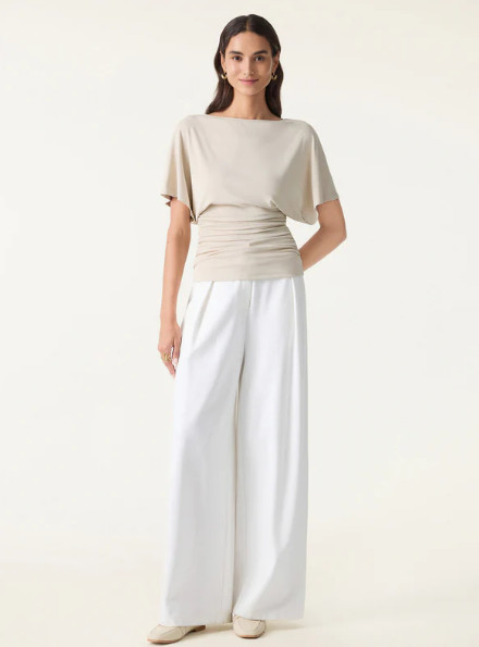 OGL – Sandwashed Effortless Boatneck Batwing Sleeve Side Ruched Top, Morning Mis