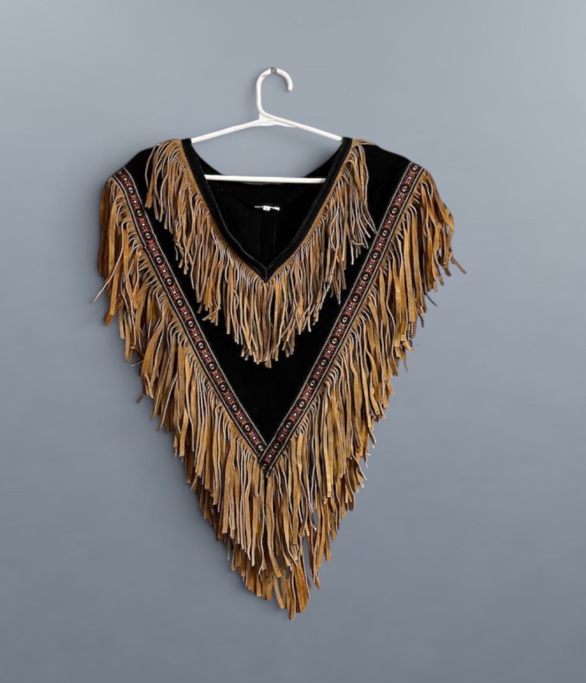 Vintage Real Leather Fringe Poncho Cape Women L Black Brown Western Boho Style