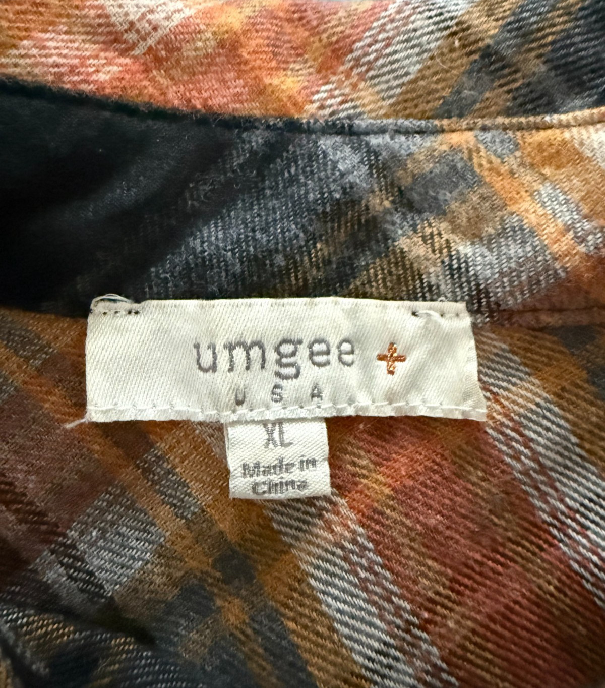 Umgee Button Up Long Sleeve Flannel Brown Plaid Distressed Fringe Boho XL