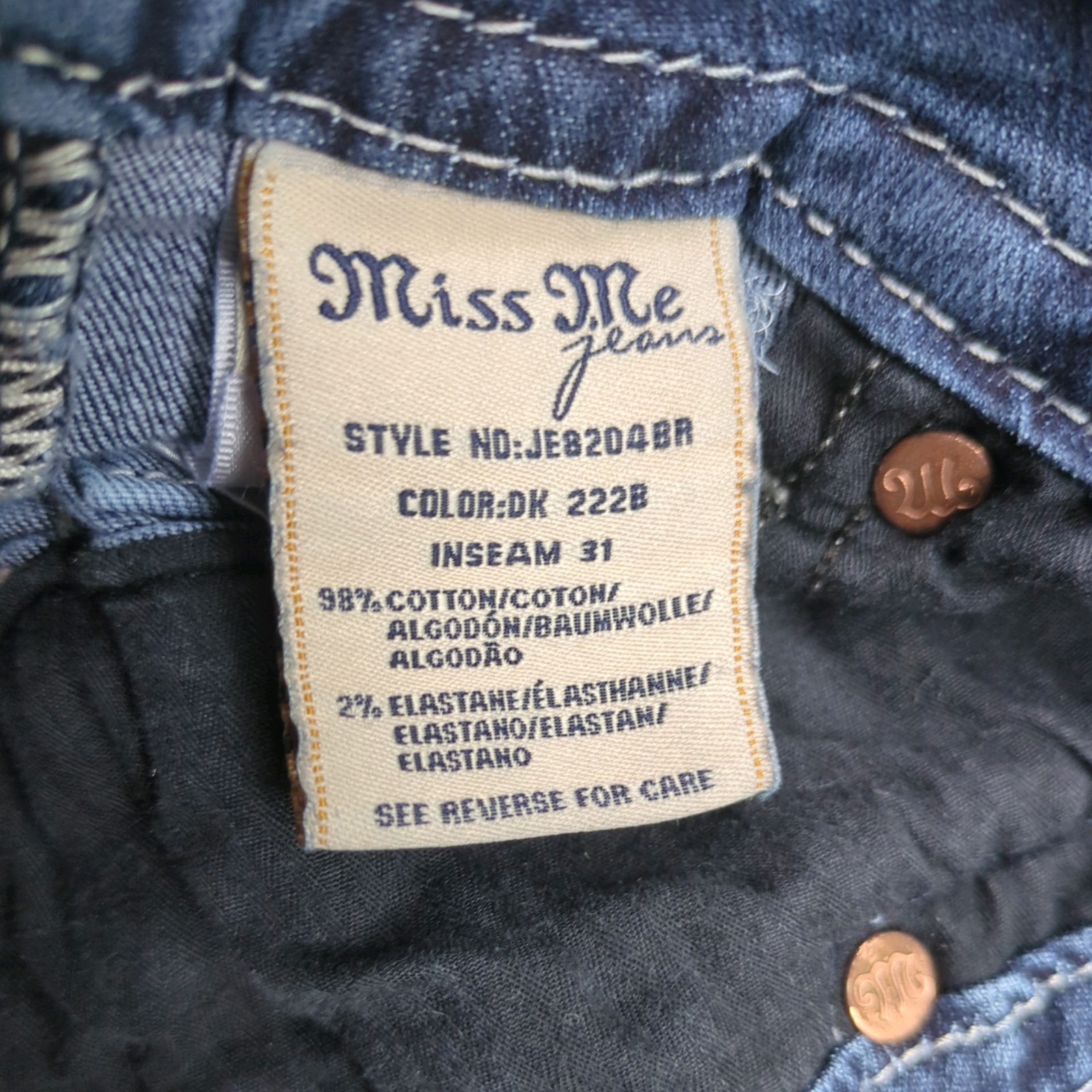 Miss Me Signature Boot Cut Blue Low Rise Jeans Women’s 26×30 Flap Wing Pockets