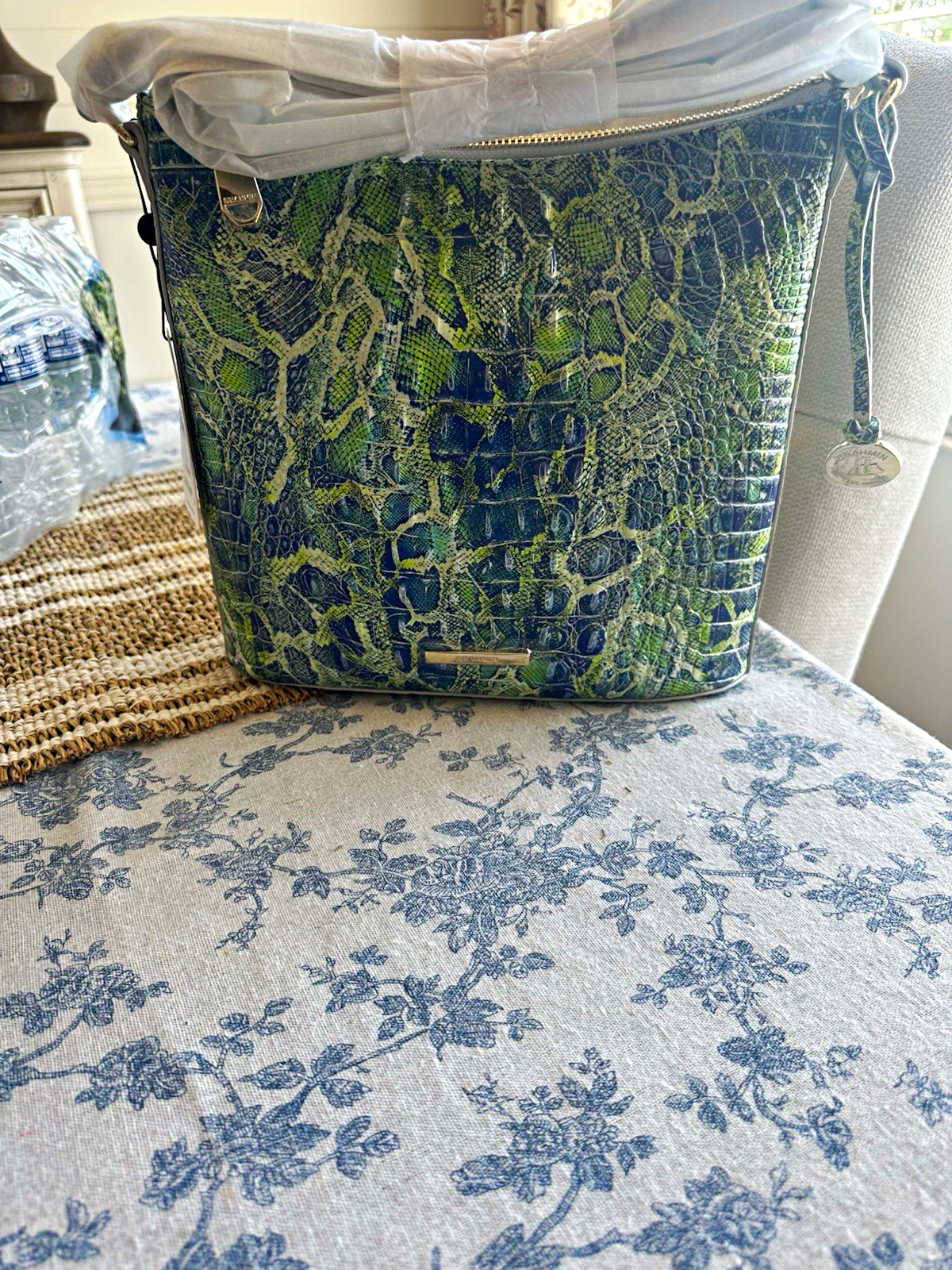 Brahmin Melbourne Green Blue Animal Print Shoulder Bag Zip Pockets Silver Tags
