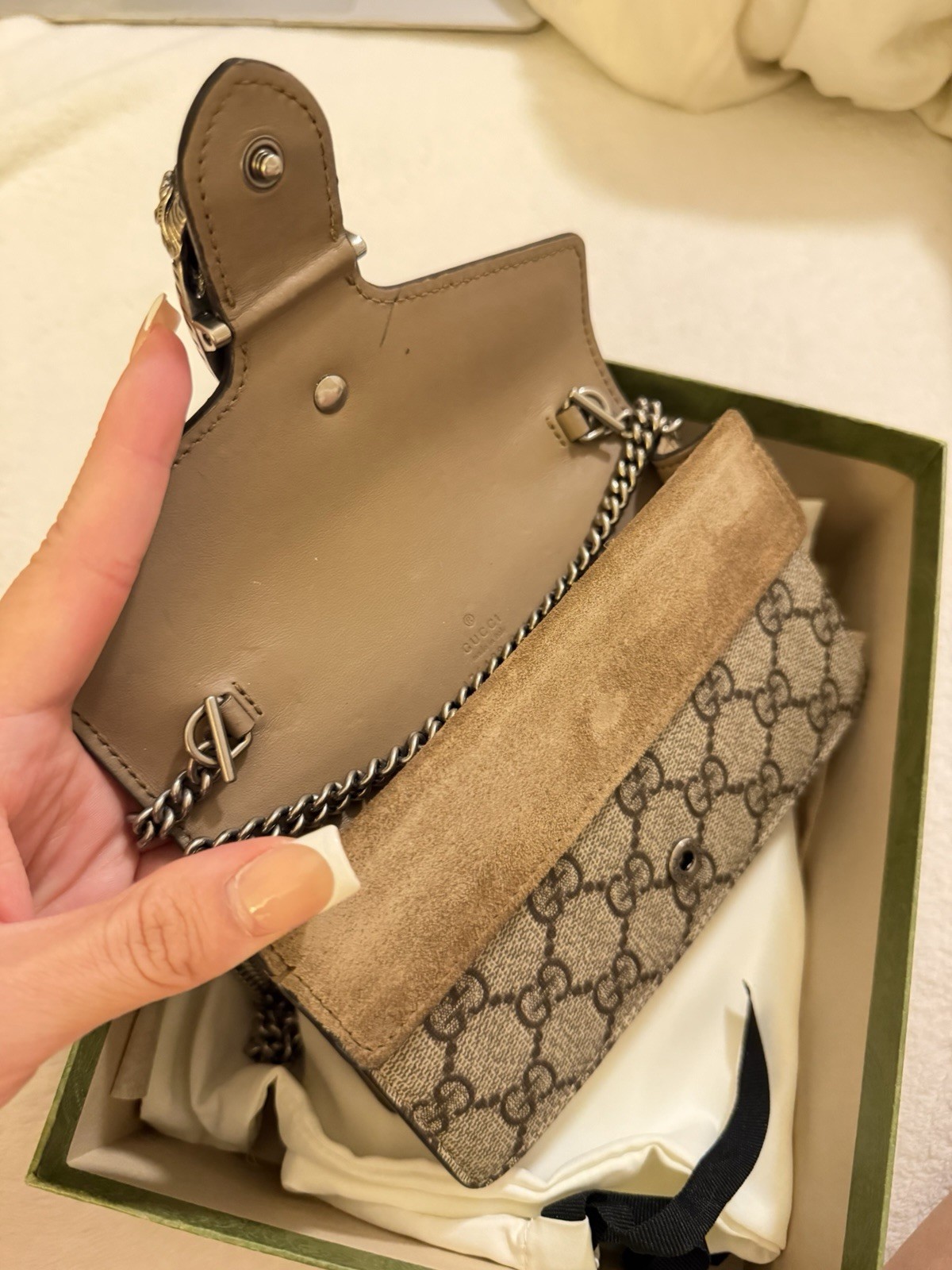 Gucci GG Monogram Wallet on Chain Shoulder Bag Snap Closure Beige Brown