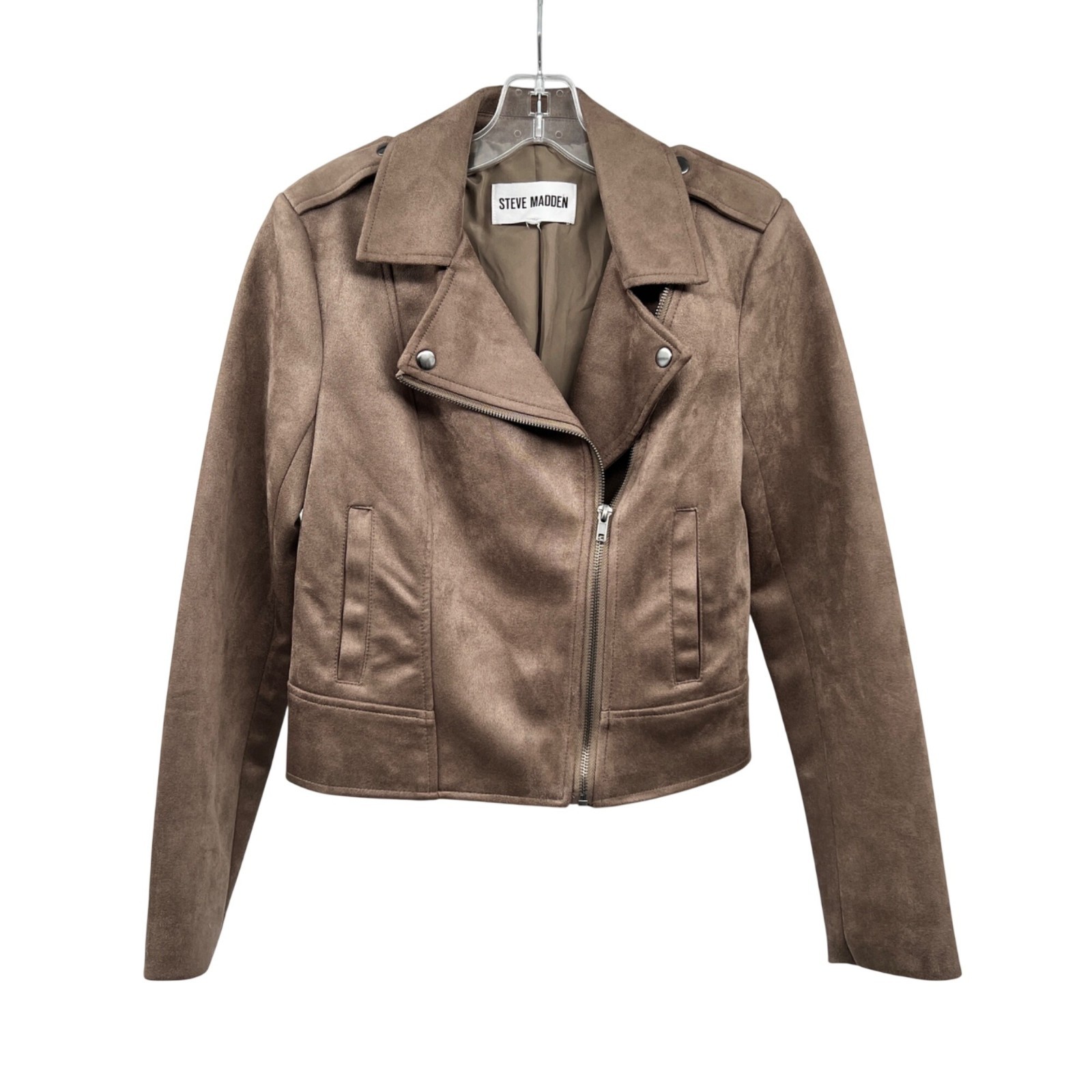 Steve Madden Womens Faux Suede Moto Jacket Full Zip Brown Gray XS Pockets