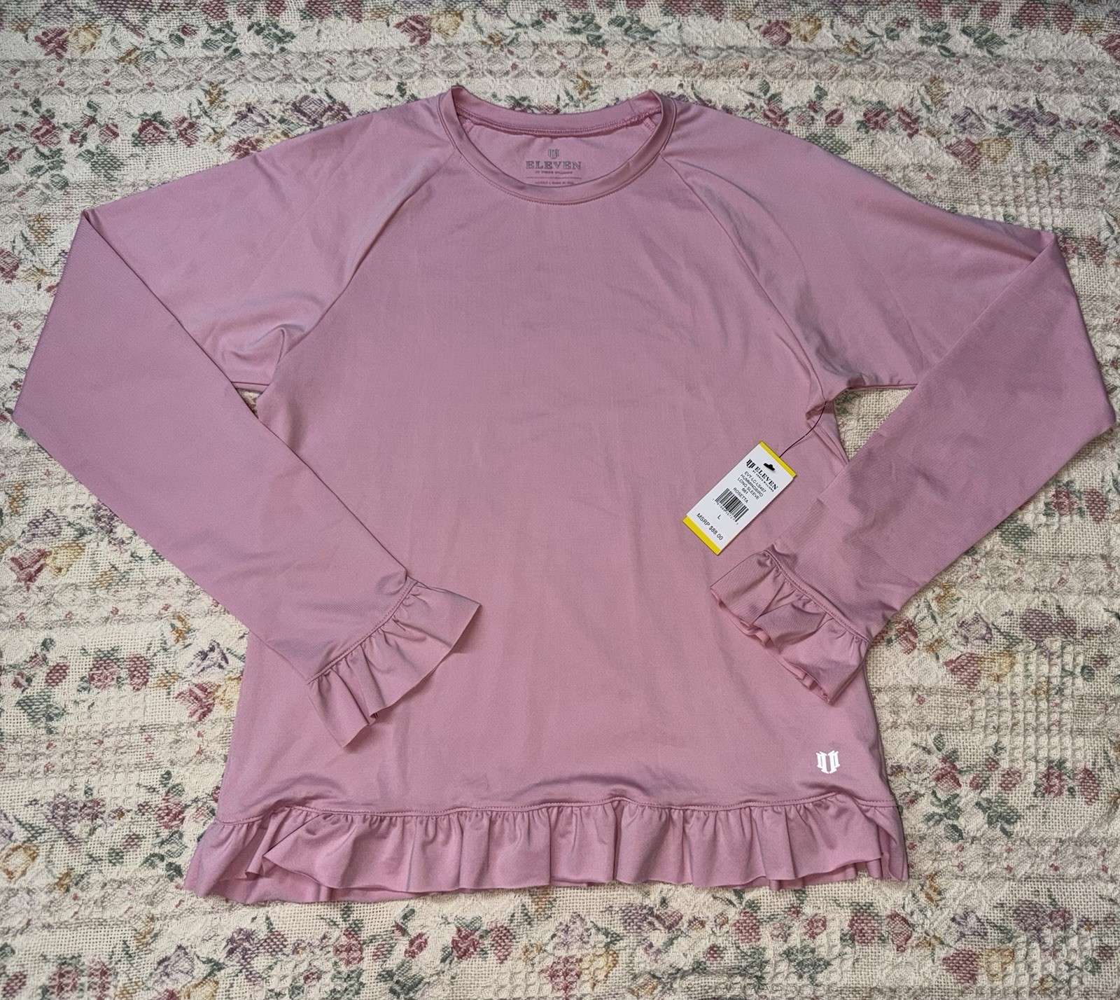 Eleven by Venus Williams Women’s Long Sleeve Crew Neck Ruffle Hem Top Pink L