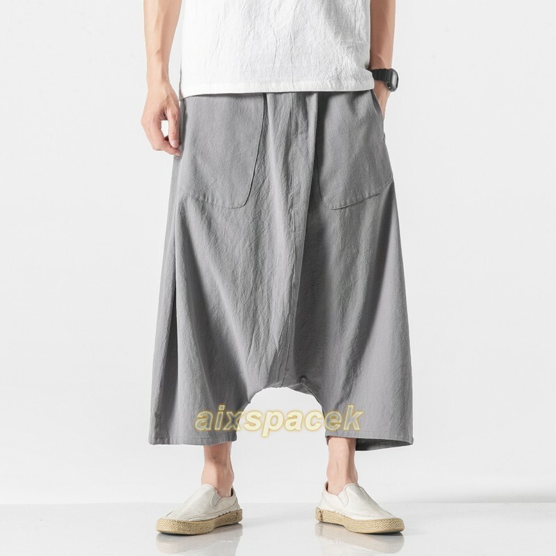 Summer Men’s Cotton Linen Drop Crotch Baggy Big Fork Pants Trouser Chinese