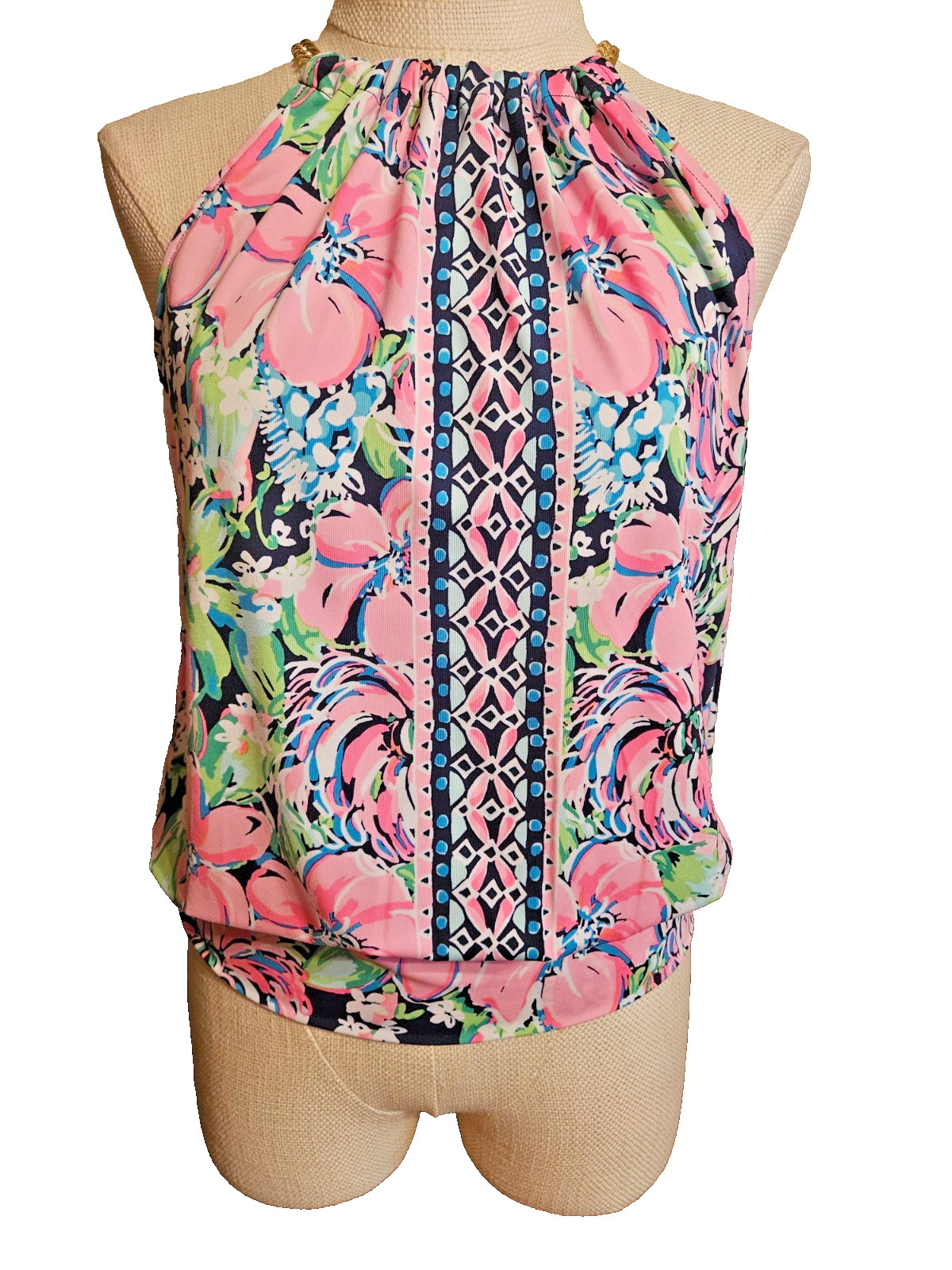 LILLY PULITZER size S Halter Top Bowen Vibrant Print Colorful Gold Chain EUC