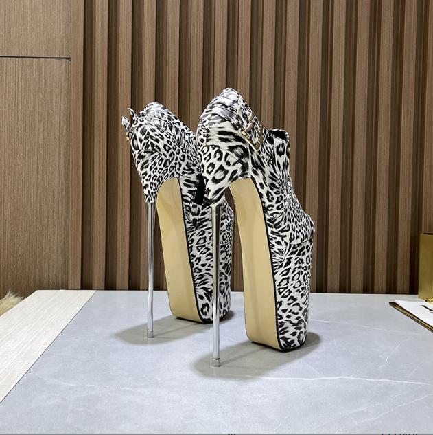 22CM High Stiletto Heel Leopard Print Ankle Boots Womens Metal Buckle Pumps Sexy