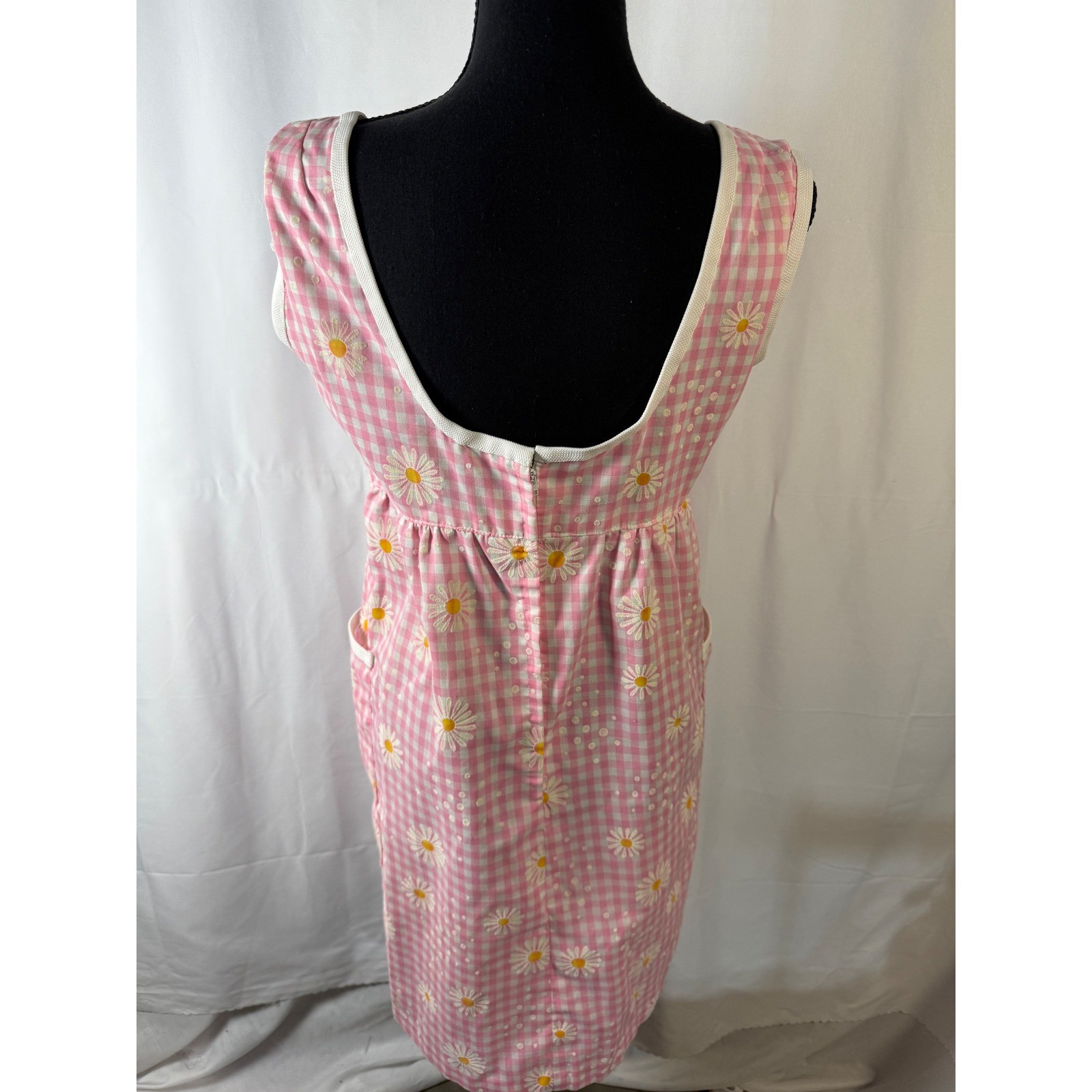 Pink Gingham Daisy Embroidered Pinafore Dress with Pockets Square Neck HOMEMADE