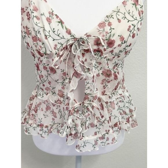 NWT Hollister Floral Chiffon Tie Front Peplum Cami Top White Pink Medium