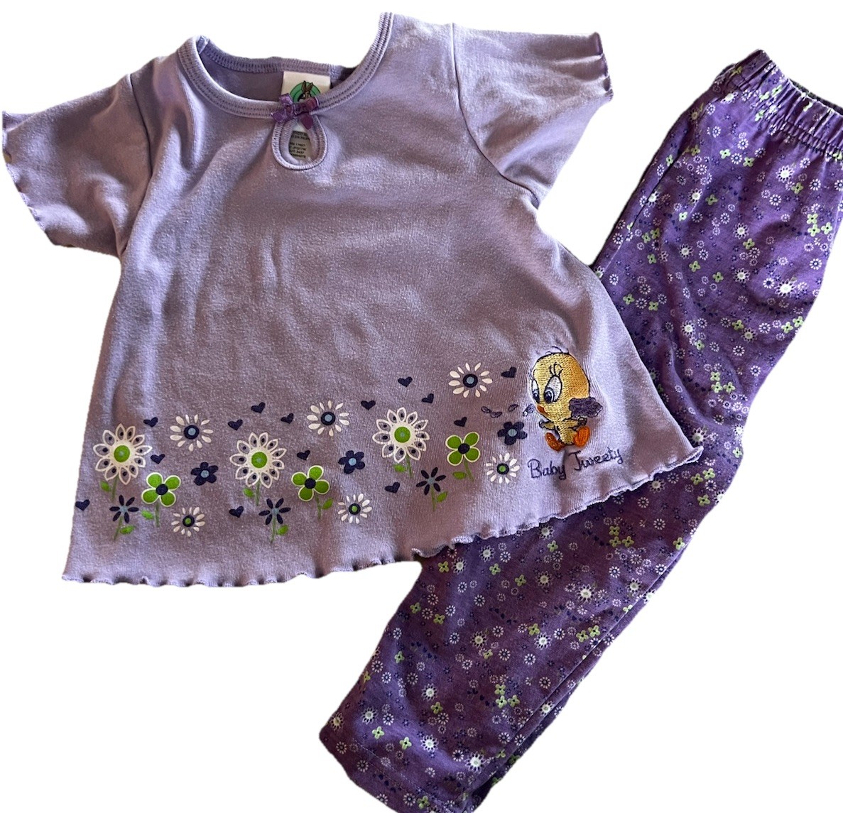 Vintage Y2K 2000’s Looney Tunes Tweety Bird 2 Piece Set Flowers Embroidery 24 M