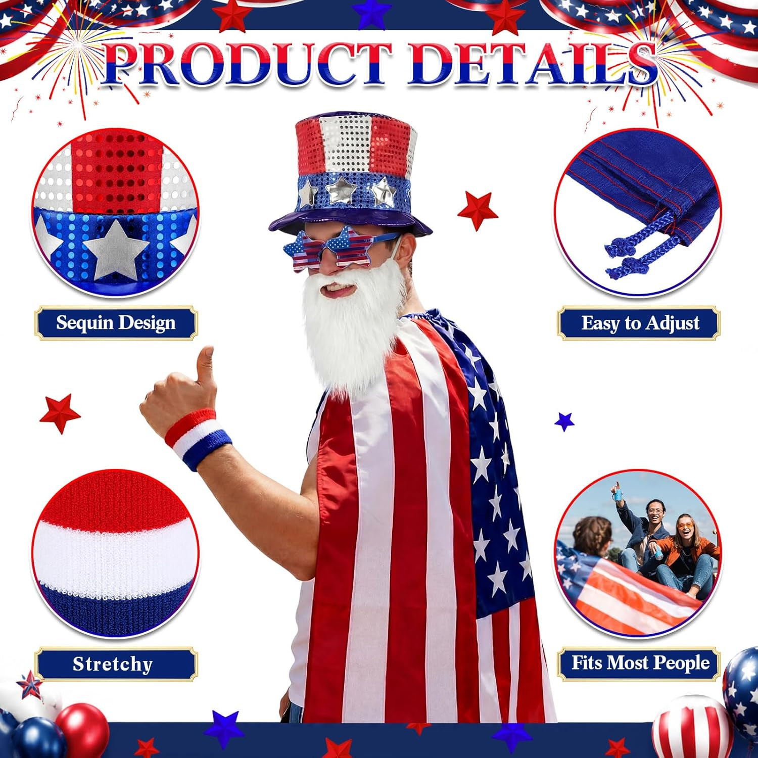 10 Pcs 4Th of July Patriotic Costume Set for Men American Flag Cape Outfit for U