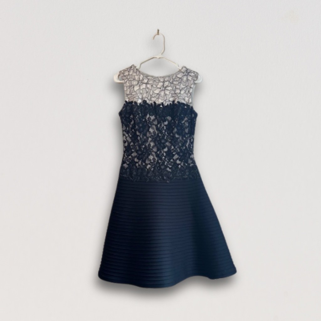 TADASHI SHOJI Neoprene Pintuck A-Line Dress Lace Bodice Size 6 *DESIGNER*