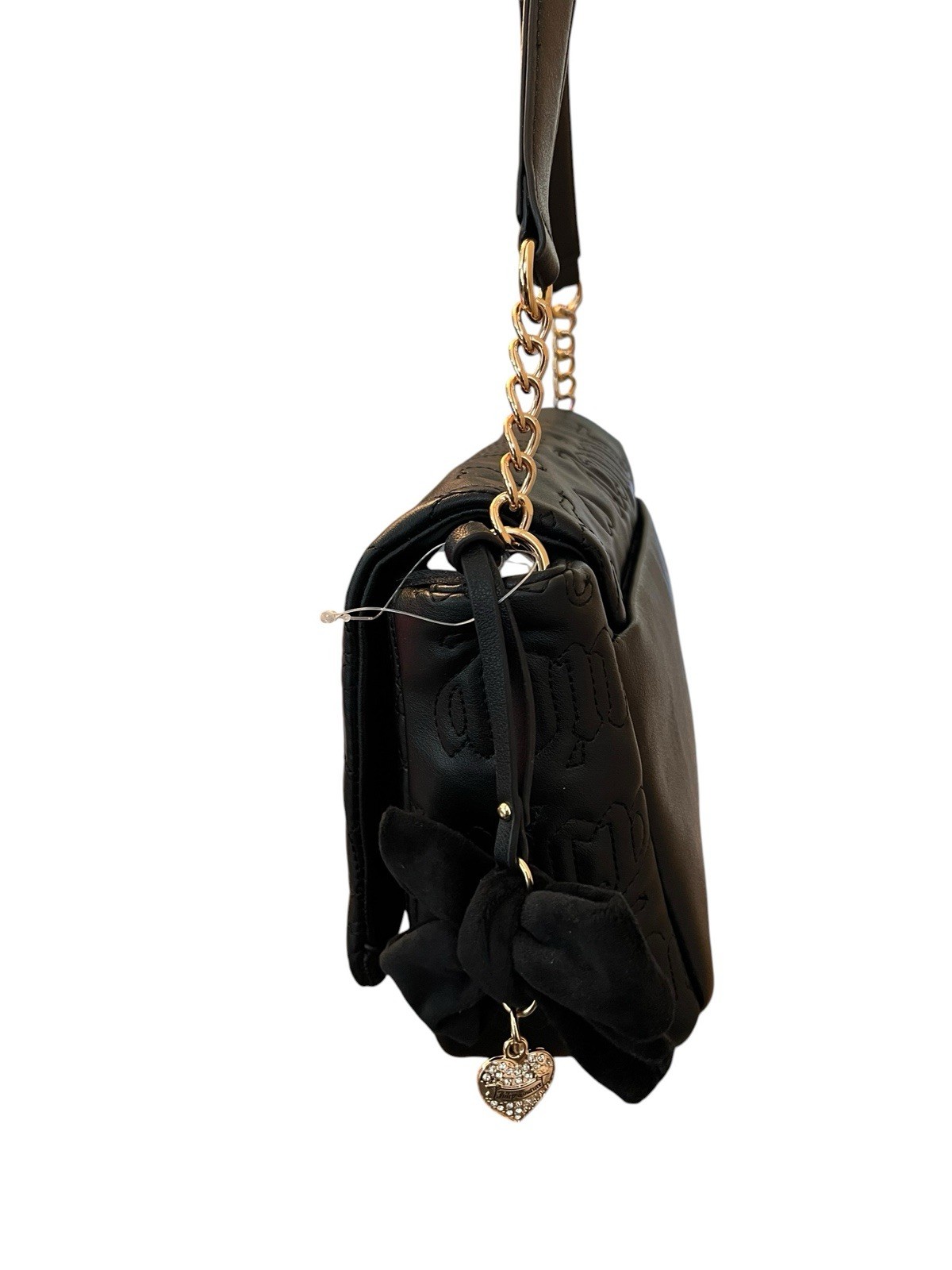 Juicy Couture Black Embossed Logo Shoulder Bag Bow Heart Charm Chain Link NWT