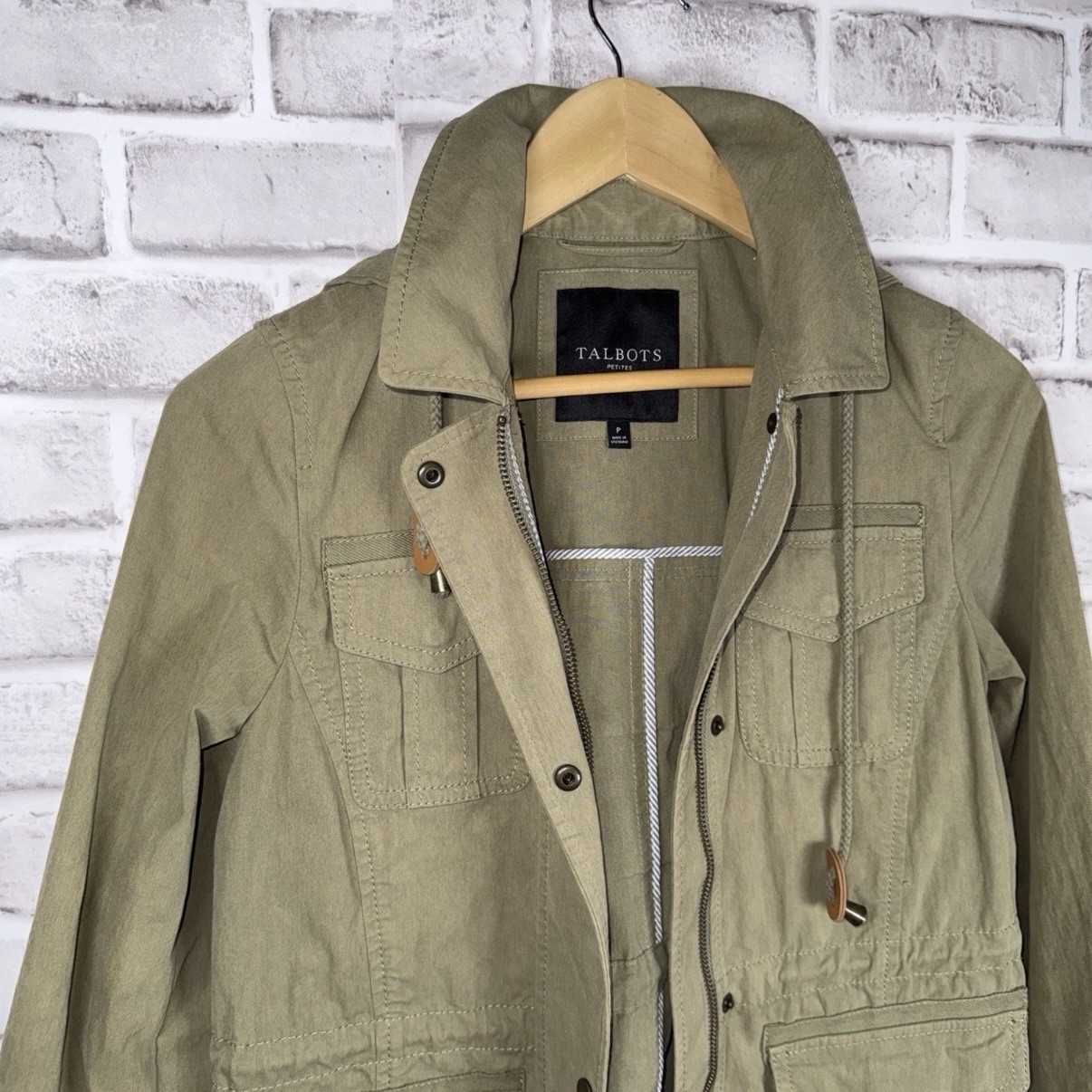 Talbots Military Field Utility Jacket Size P Petite Green Olive Drawcord Waist